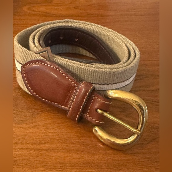 Trafalgar Tan stripe Fabric and Leather Belt Silver Buckle – Size Medium - Picture 1 of 6